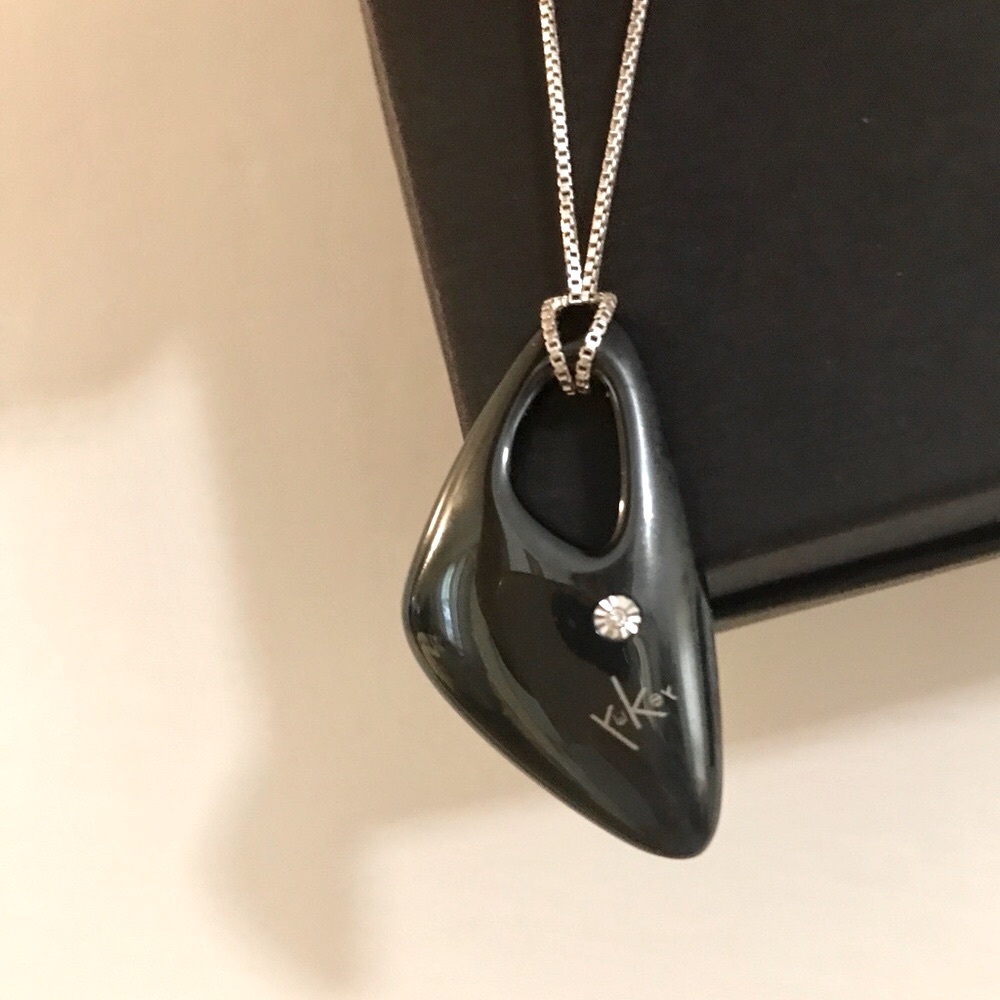 18K Diamond Black Steel Art Pendant Sterling Silver Necklace - Picture 5 of 7